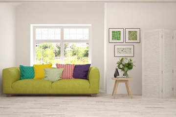 White living room with sofa and summer landscape in window. Scandinavian interior design. 3D illustration