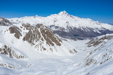 Kazbek in winter. Caucasus mountains in Georgia
