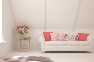 White living room with sofa. Scandinavian interior design. 3D illustration