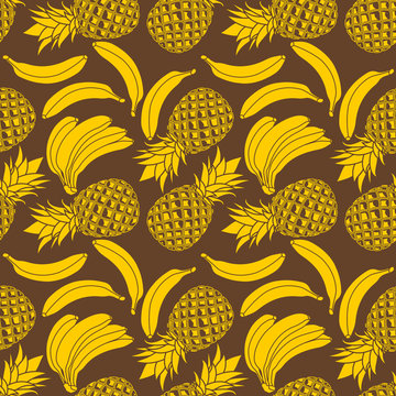 Banana and Pineapple seamless pattern. Flat style vector illustration.