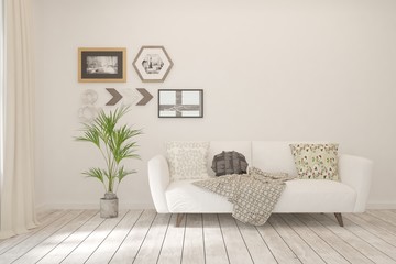 White living room with sofa. Scandinavian interior design. 3D illustration