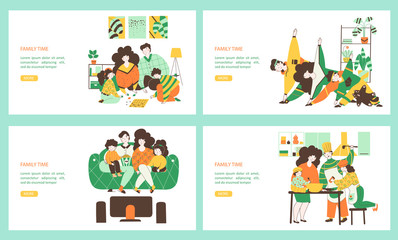 Time family, quarantine classes Isolated flat vector landing page template set.