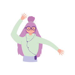 young girl with smartphone and earphones listening music isolated design