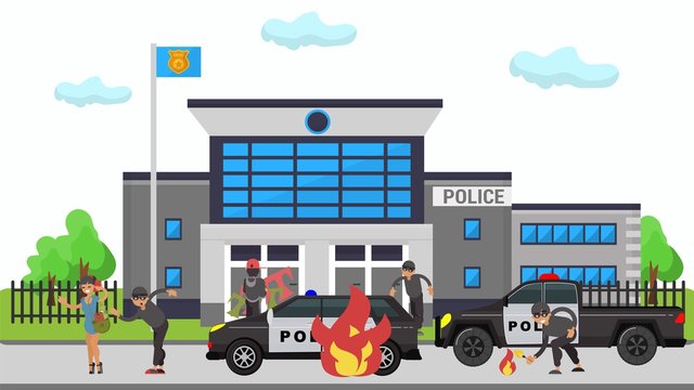 Criminal man in mask set fire policeman cars near police station on vector cartoon person criminal illustration. One gangster steal woman s bag, other bandit spoil window. Concept police office