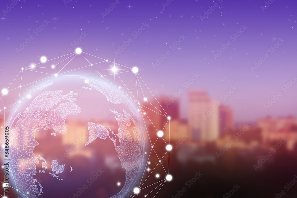 Poster globe with network connection lines and city. modern technology