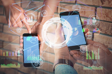 Financial technology and mobile communication concept. People working online using their smartphones, closeup