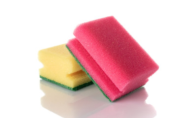 Obraz na płótnie Canvas Cleaning products. Colorful, yellow kitchen sponges for foam isolated on white background. Household cleaner service. Clean supplies equipment.