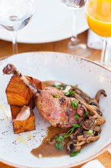 Roasted Duck Leg with Forest Mushrooms and Sweet Potato Gratin