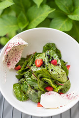 Strawberry and Spinach Salad with Balsamic Vinegar Pearls and Cream Cheese
