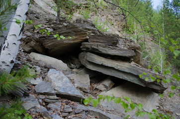 stone steps forming the wall of an abandoned talcum quarry Staraya Lens, Yekaterinburg
