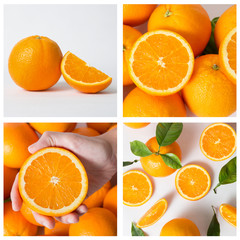 Sweet oranges laying together. Top view of hand holding half of orange. Many whole and cut fruits isolated on white background. Citrus fruit and vitamin concept. Collection of four images