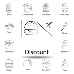 Fototapeta premium fast food discount outline icon. Set of food illustration icon. Signs and symbols can be used for web, logo, mobile app, UI, UX on white background