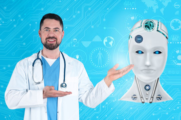Mature doctor demonstrating digital model of artificial intelligence on blue background. Machine...