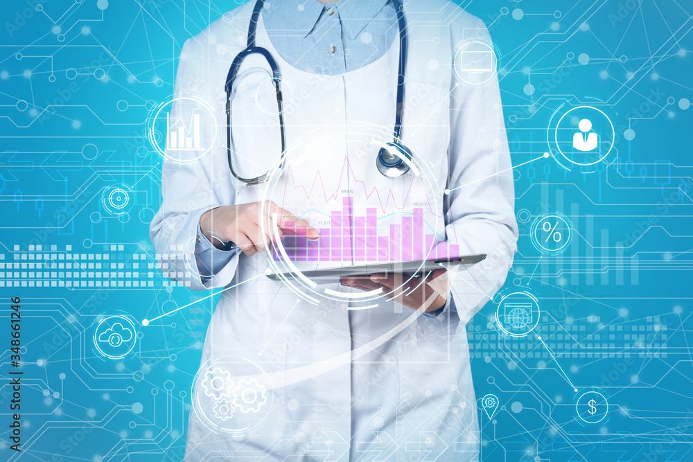 Poster double exposure of doctor using tablet and digital schemes. machine learning concept