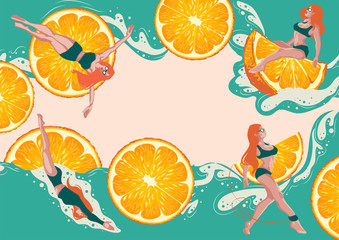 Illustration of a pool party with cartoon people in swimsuits, drinking a cocktail, relaxing, spa relaxation concept, horizontal banner, orange, summer events background, free time.