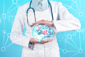 Doctor demonstrating digital image of human brain on blue background, closeup. Machine learning...