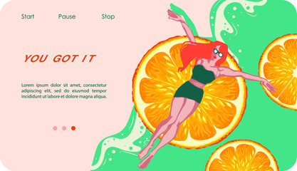 eautiful girls swim with circles in the form of oranges summer party, concept for website or application on the phone, happy summer pictures for the background, concept of relaxation
