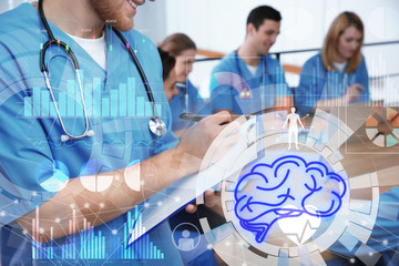 Double exposure of medical student working in clinic and machine learning model