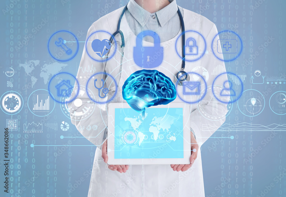 Poster double exposure of doctor with tablet and artificial intelligence model. machine learning concept