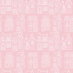 Vector seamless pattern with the image of vintage monochrome houses on a pink background. Design for printing postcards, posters, leaflets, bedding, wrapping paper, fabric.