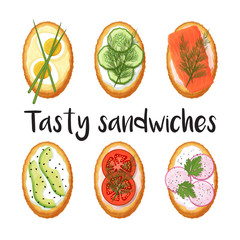 Collection of toasts with different fillings on a white background. Tasty sandwiches. Isolated object on a white background. Cartoon style.