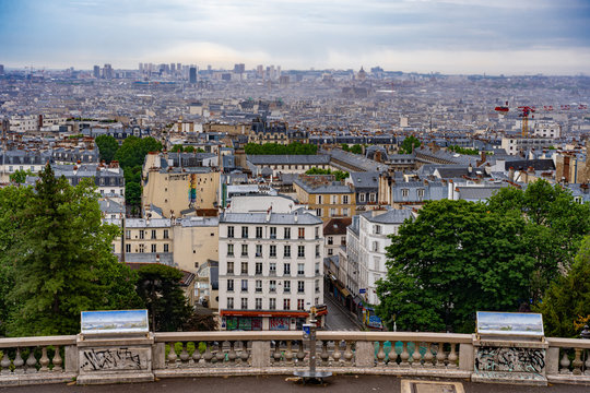 Paris, France - 05 09 2020: Montmartre district. View of Paris from sacred heart place, during confinement against coronavirus
