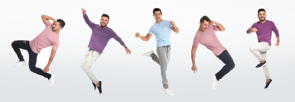 Collage with photos of young men in fashion clothes jumping on white background. Banner design