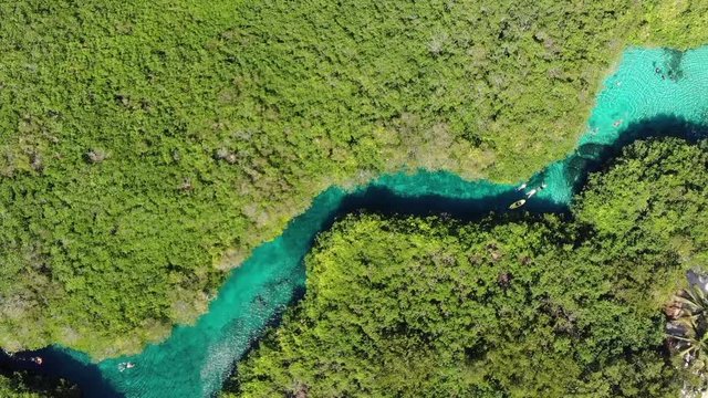 Aerial of people swimming in the casa cenote (Cenote Manat&iacute;), Quintana Roo, Mexico