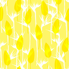 Fototapeta na wymiar Seamless tropical pattern with strelitzia and leaves, hand drawn illustration