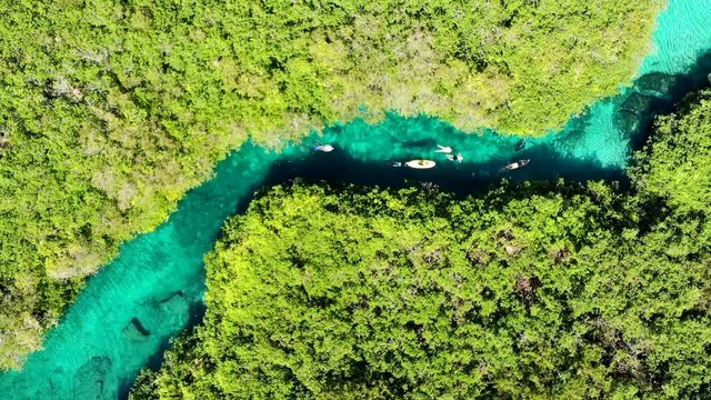 Aerial of people swimming in the casa cenote (Cenote Manat&iacute;), Quintana Roo, Mexico