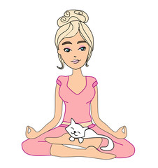 Yoga girl in lotus position and her sweet cat