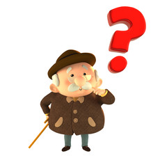 Grandfather with a question mark symbol thinking about something. 3d illustration