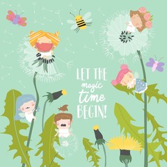 Cute little cartoon fairies flying above dandelions