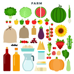 Farm products vector flat icons set. Isolated on white.