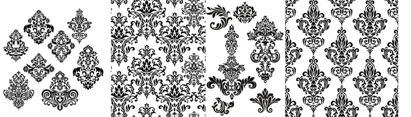 Damask white and black ornament.Traditional pattern.Decorative element eastern tracery.Floral ,victorian,baroque,Indian design. Texture for arabic wallpapers.