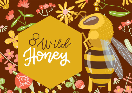 Wild flower honey label or banner with flower pattern and big bee. Vector flat hand drawn illustration.