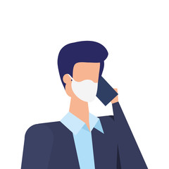 businessman using face mask talking on the smartphone vector illustration design