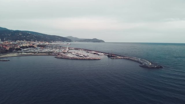 Aerial view of Chiavari, Liguria, Italy. City landscape from drone at sunset. Slow motion
