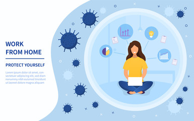 Woman Working From Home during Covid-19 pandemic using a laptop surrounded by floating virus molecules with copy space for text, colored vector illustration