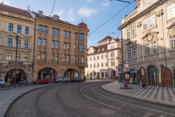 Fototapeta na wymiar Streets in downtown Prague tramline and historical buildings
