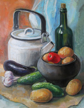 Country Still Life With Vegetables, Oil Painting