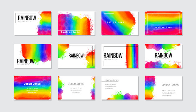 Business cards set with bright watercolor rainbow.