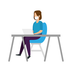 Fototapeta premium young woman using face mask sitting in chair with wooden table vector illustration design