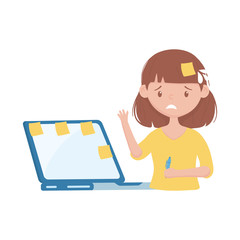 stress at work, exhausted female employee with laptop and many stickers note