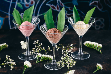 Martini glasses with scoops of ice cream