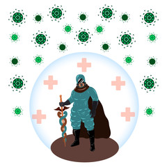 Naklejka premium Symbol of victory over epidemic, disease, virus, COVID-19, infection. The doctor put on a mask, protective clothing, protects humanity surrounded by the coronavirus. Vector flat cartoon illustration.