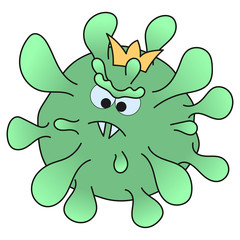 Chief coronavirus is increasing, growing. The evil and dangerous covid-19 is taking over the world. King of viruses attacks people, man, woman, child, grandparents. Vector flat cartoon illustration.