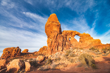 Fototapeta na wymiar North and South Window Arches at Arches National Park when Sun is rising