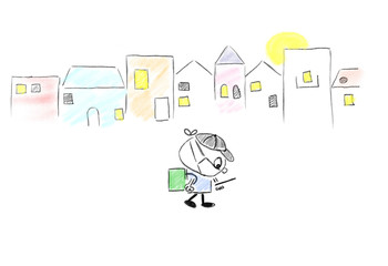 A cartoon delivery service employee in a protective mask walks down the street and carries a bag with goods on his shoulders