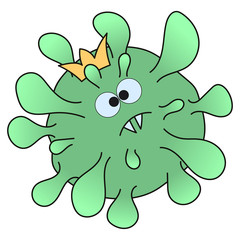 Chief coronavirus is shrinking and afraid. Dangerous covid-19 captures the world. People, doctors, man, woman, child, grandparents defeat the king of viruses. Vector flat cartoon illustration.